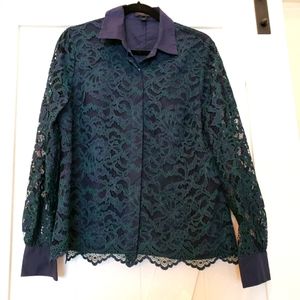 J. Crew Green Lace Blouse with Blue Collar
